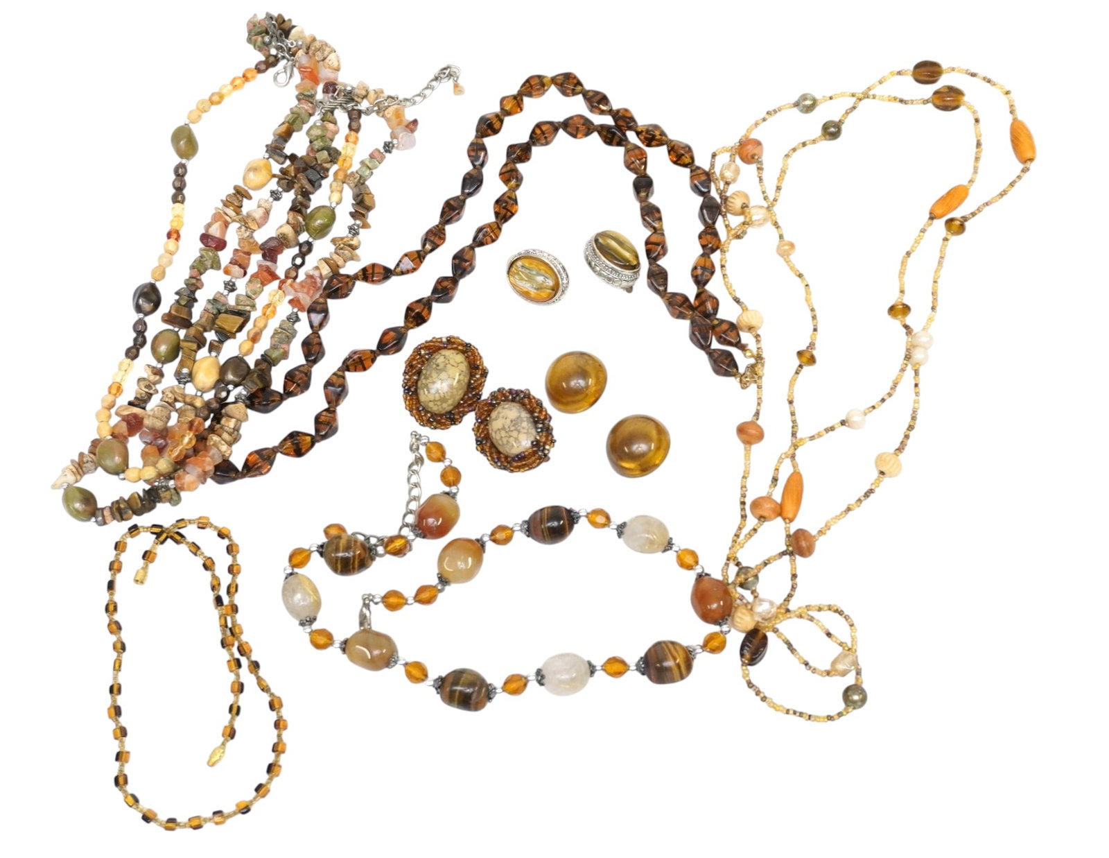MID CENTURY NEUTRAL COLORS AND STONE JEWELRY - 8 PIECES: Mid Century Neutral Colors and Stone Jewelry. Includes 5 necklaces and 3 pairs of clip on earrings. Total lot weight is 10.4 oz. **In house shipping available on this lot** If you win this lot, please