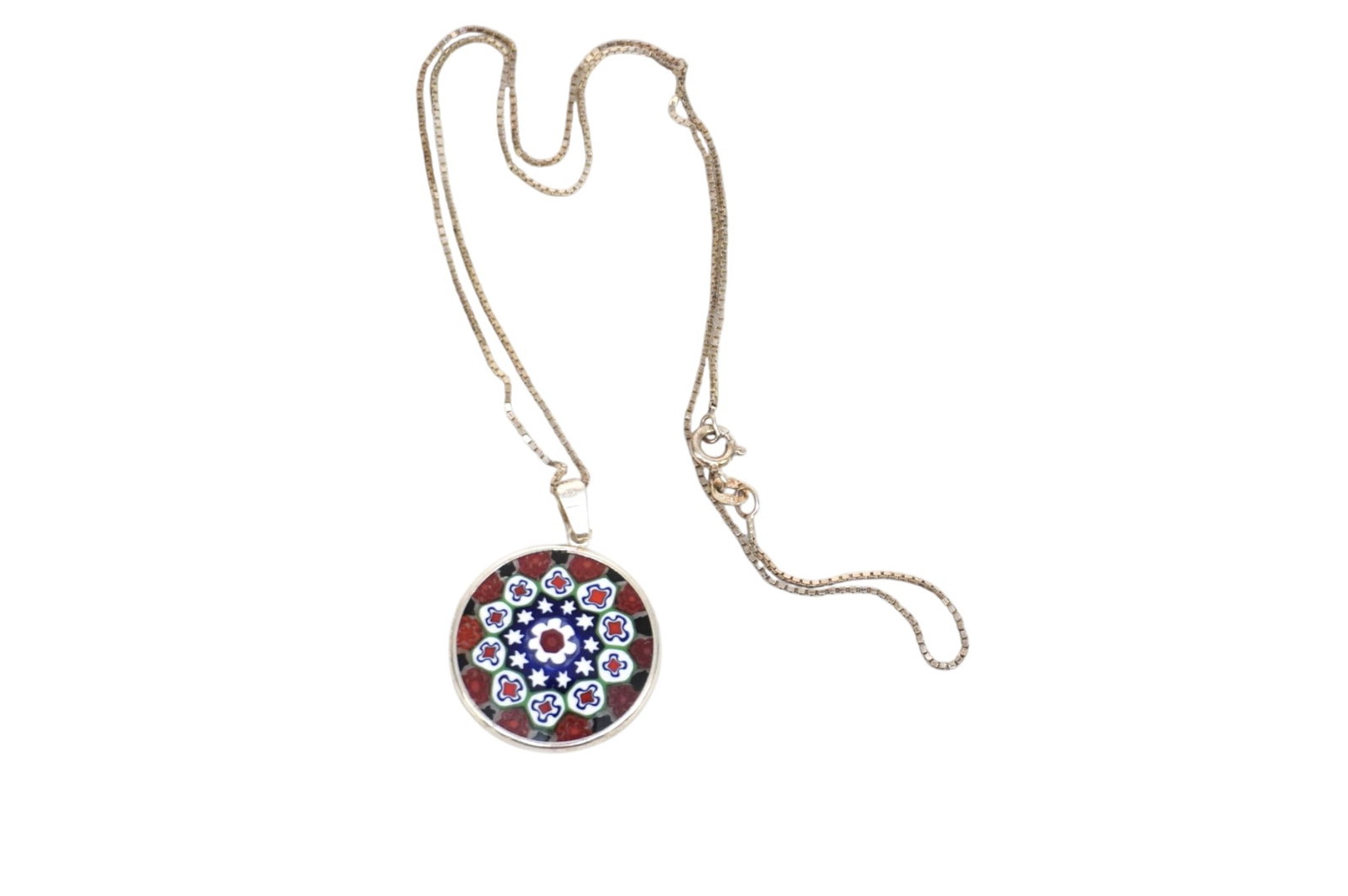 ITALIAN MURANO MILLEFIORI GLASS FLOWER AND 925 STERLING SILVER NECKLACE: Italian Murano Millefiori Glass Flower and 925 Sterling Silver Necklace. Chain and pendant stamped. Pendant is approx. 1" in dia and necklace is 11" in length. **In house shipping available on this lo