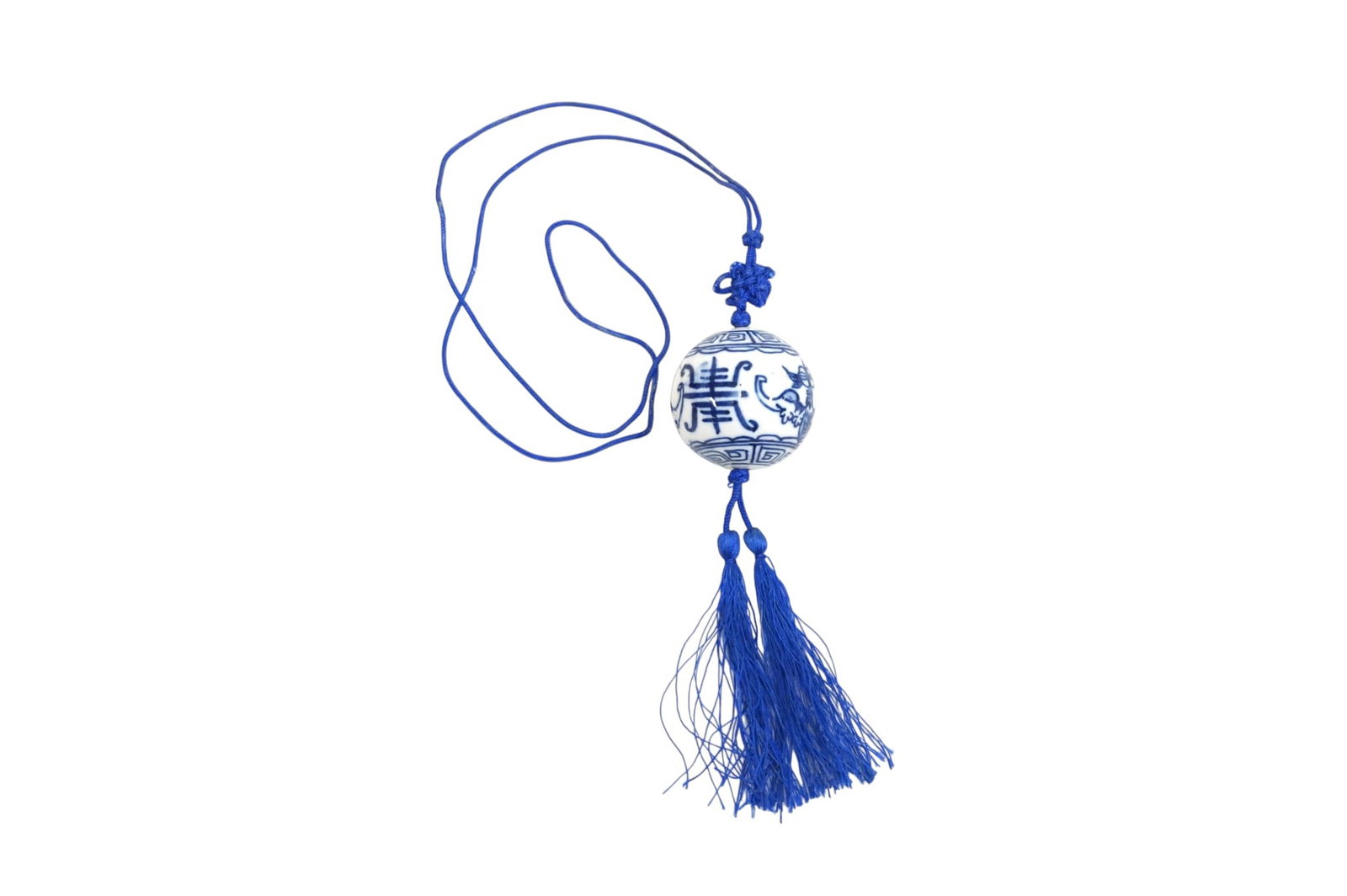 DECORATIVE BLUE AND WHITE CHINOISERIE TASSEL: Decorative Blue and White Chinoiserie Tassel. Measures 19" x 1.5" in dia. and weighs 1.5 oz. **In house shipping available on this lot** If you win this lot, please select self arranged for in house s