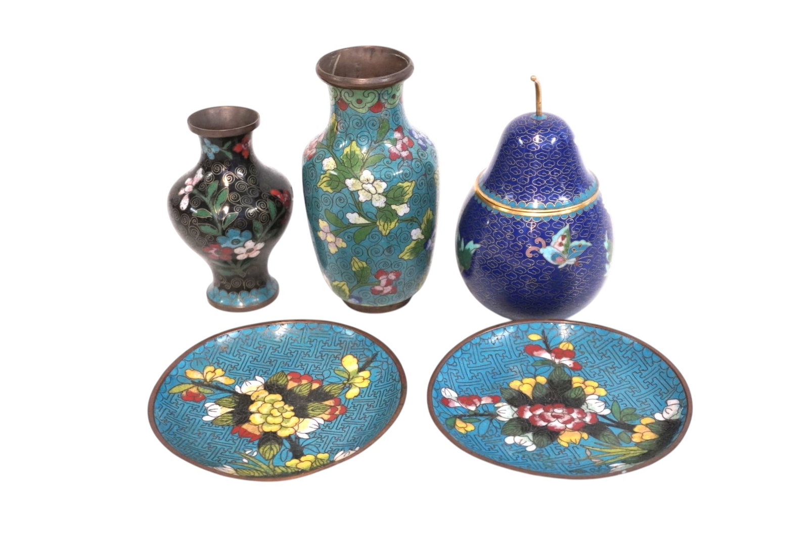 5 pc VINTAGE CLOISONNE VASES - TRINKET - PLATES (1 of 5)
