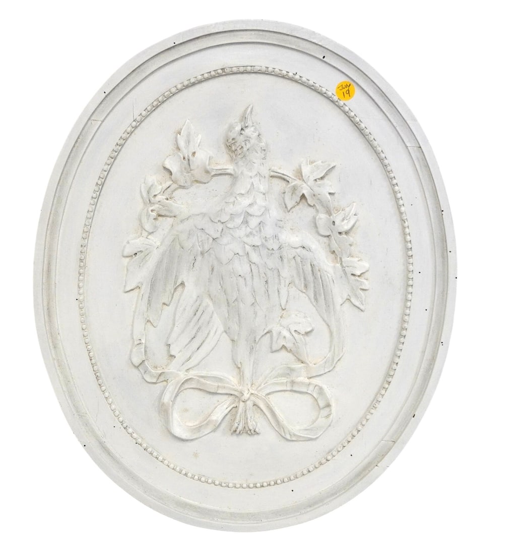 FRENCH CARVED HUNT SCENE WALL PLAQUE: Antique French Carved Wood Hunt Scene Wall Plaque. Game bird. In French frame, both have been painted in white. Measures 17"x20 1/2"x1". Weight 2 pds 11 oz. PROVENANCE: A Private Charleston SC Estate.