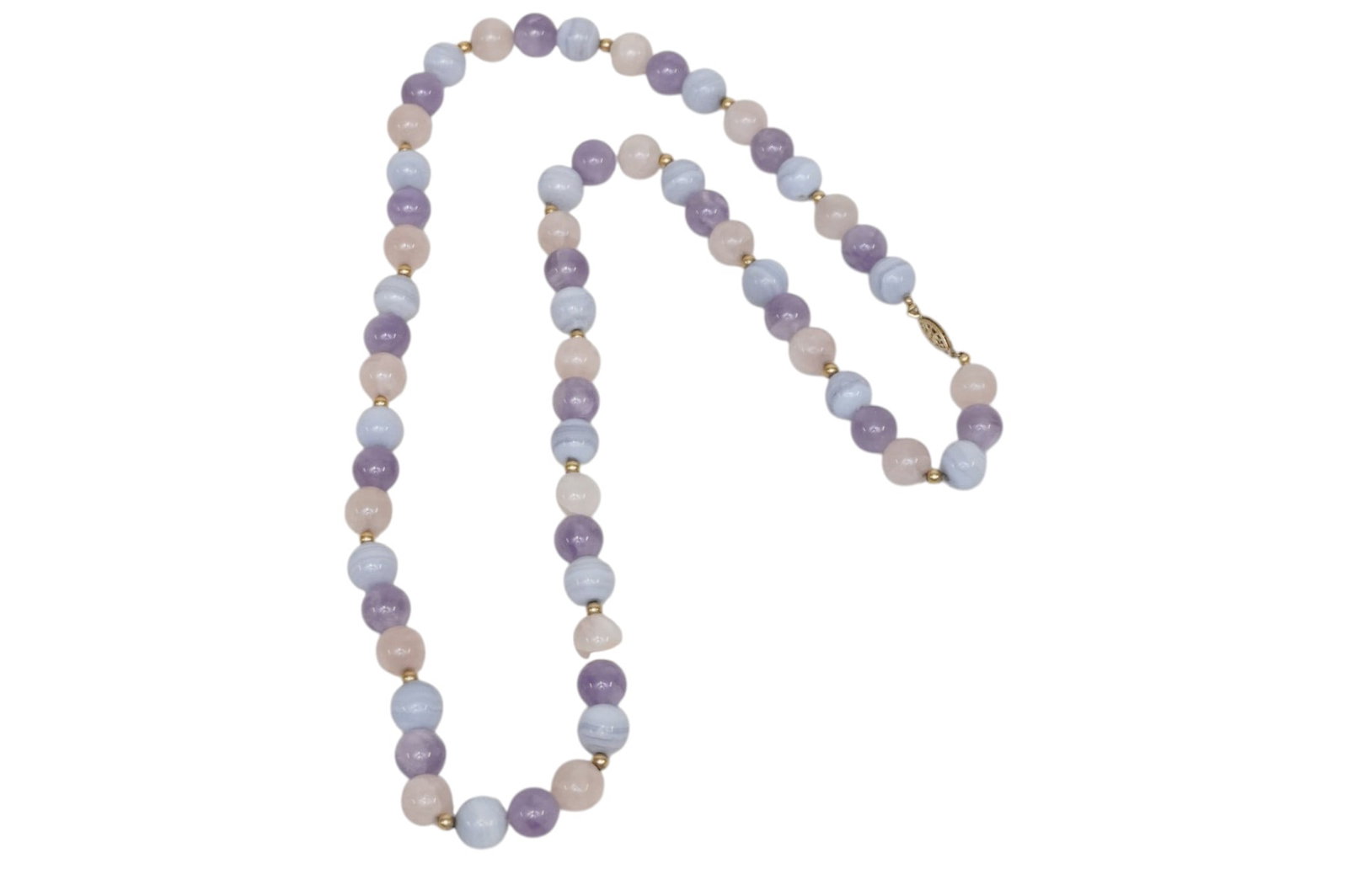 VINTAGE MULTI COLOR QUARTZ NECKLACE: Blue Chalcedony, Kunzite, Rose Quartz Necklace. 30" when opened. Weight 6 oz. **In house shipping available on this lot** If you win this lot, please select self arranged for in house shipping when pa