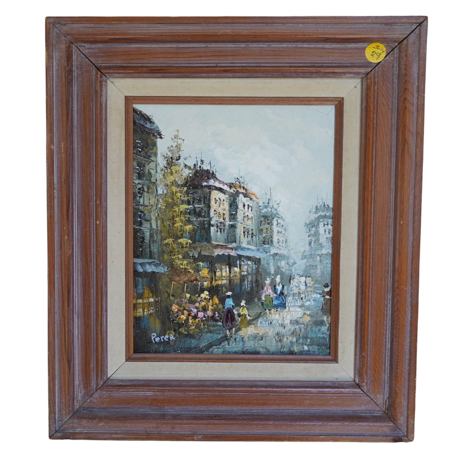 MID CENTURY PARIS IMPASTO OIL PAINTING - PETER: Vintage Mid Century Paris Street Scene Impasto Painting signed Peter. Well done with flower stall, shops, cafes, overcast skies. In Wood frame with linen liner c. 1960s. Measures 14"x15.50"x1.25". Wei