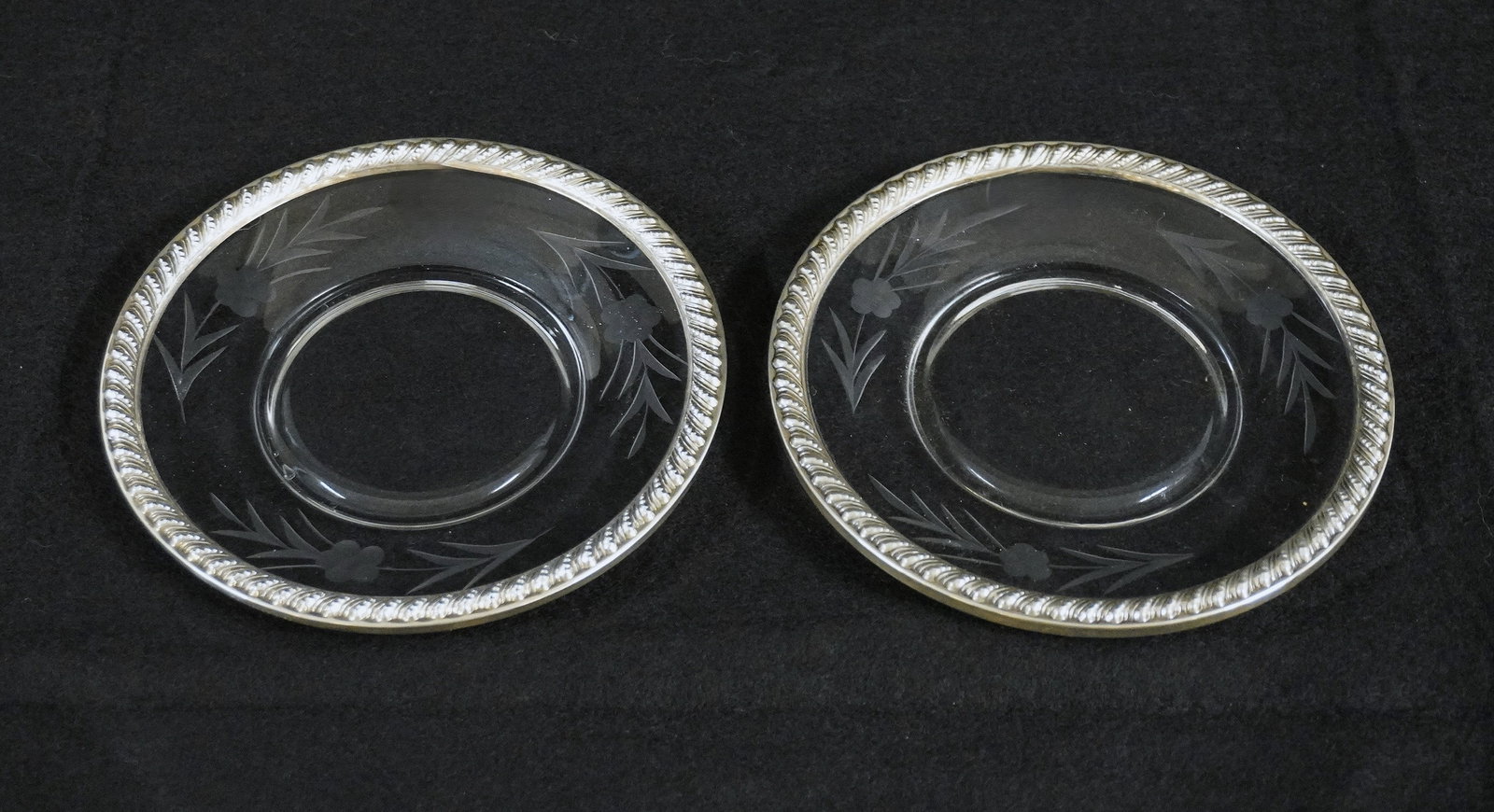 2 STERLING & ETCHED GLASS WINE COASTERS (1 of 2)
