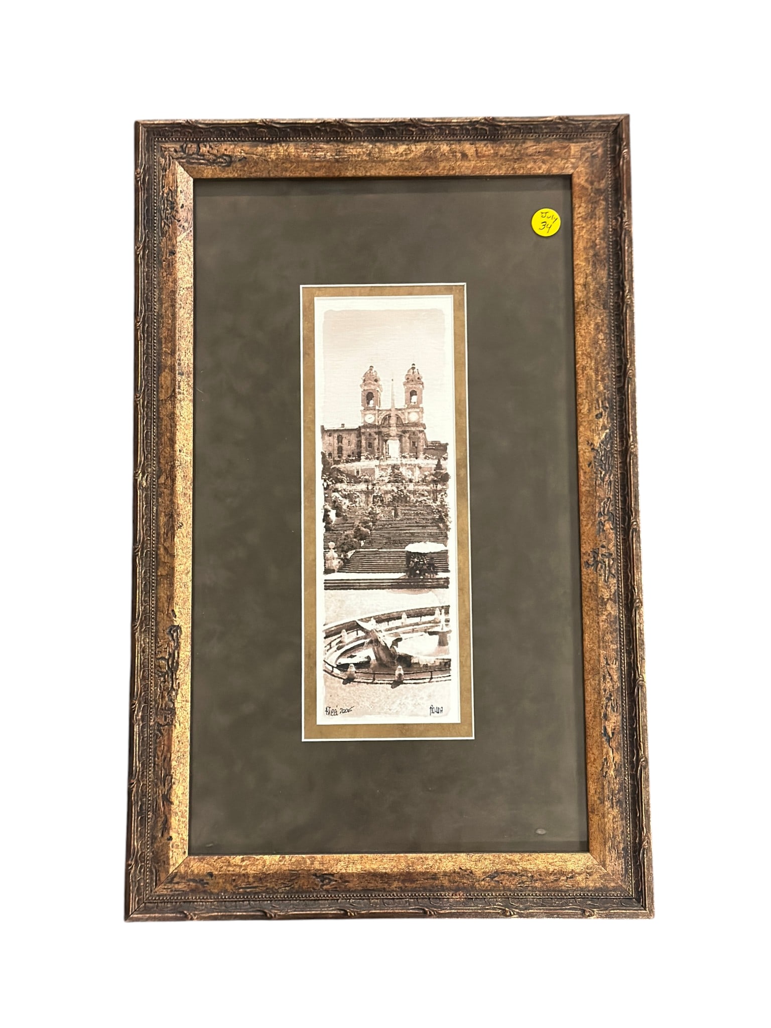 ORIGINAL SEPIA WATERCOLOR SPANISH STEPS ROME - RICCI: Original Spanish Steps, Rome 20th c Exceptional Sepia Watercolor. Signed Ricci 2006 lower left. Professionally framed and matted 13"x21"x1". Weight 4 lbs **In house shipping available on this lot** If