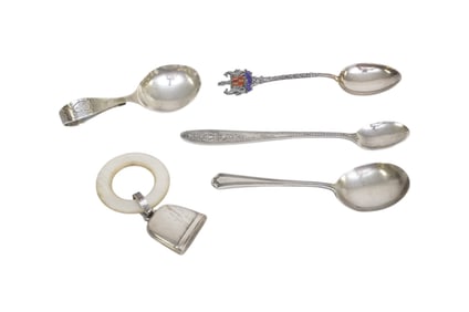 5 PC STERLING BABY SPOONS, RATTLE , SOUVENIR