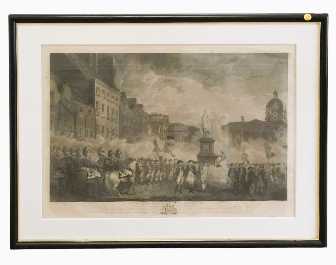 THE VOLUNTEERS OF THE CITY AND COUNTY OF DUBLIN ENGRAVING: Antique Stipple Engraving "the Volunteers of the City and County of Dublin" engraved by Joseph Collyer. In frame measures 34"x26"x1". Weight 10 lbs **In house shipping available on this lot** If you w