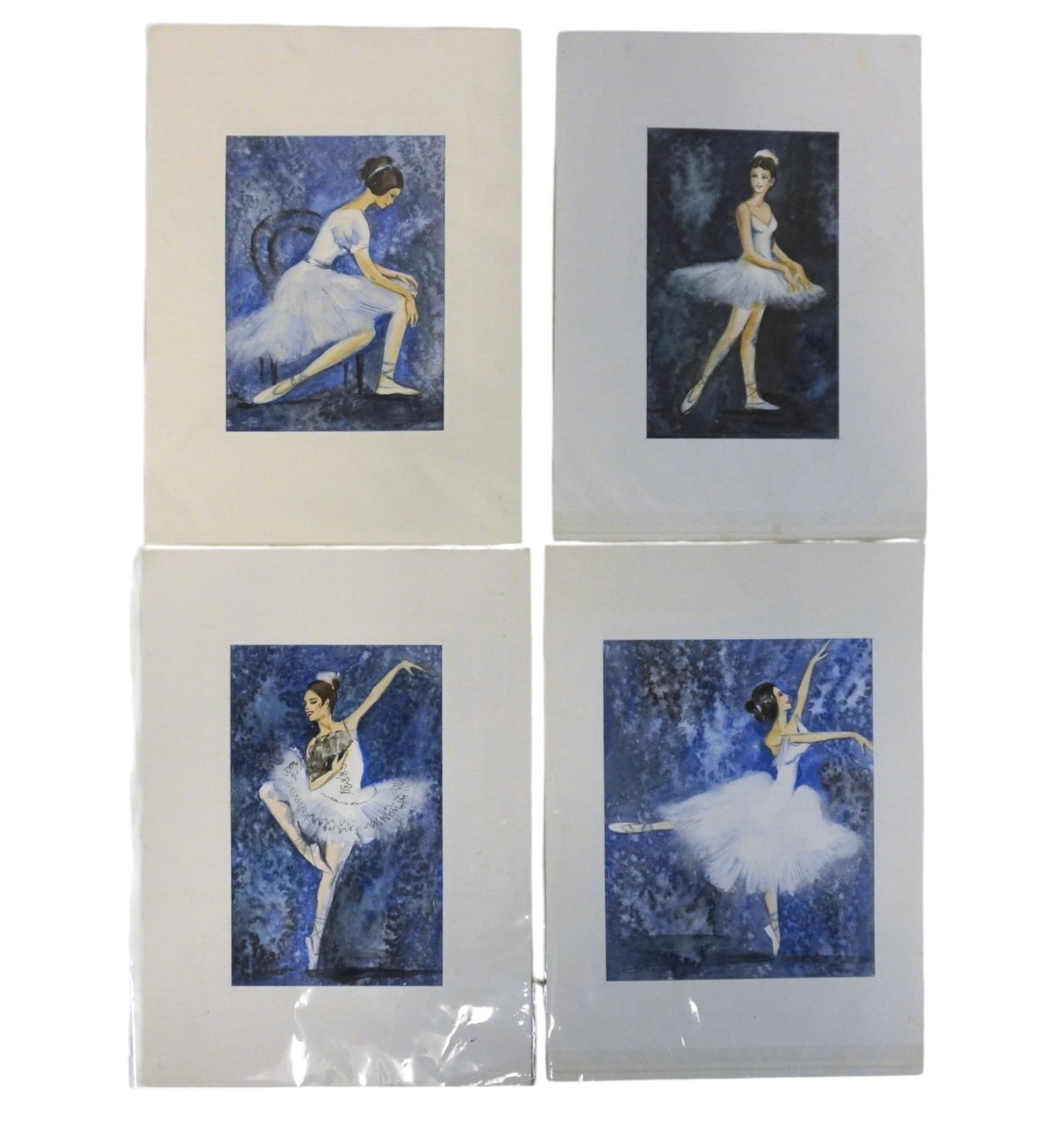 4 ORIGINAL RUSSIAN WATERCOLOR BALLERINAS: 4 Vintage Original Russian Watercolor Ballerinas with blue backgrounds. Signed, ala orsak, . Each with mat measures 8"x11 3/4". Weight 3 oz. **In house shipping available on this lot** If you win this