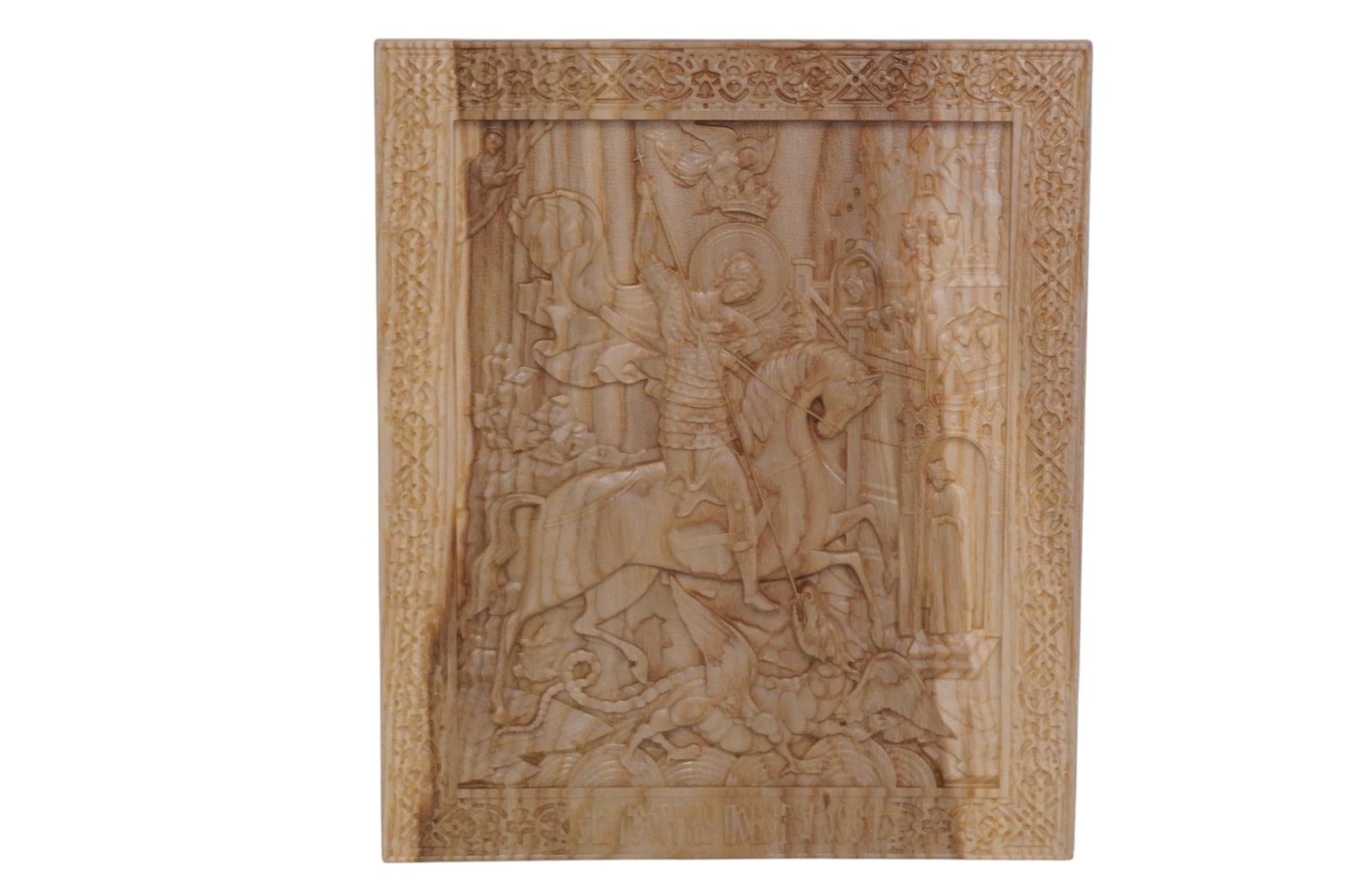 HAND CARVED ICON ST GEORGE & THE DRAGON ASH WOOD: Carved wooden plaque, Icon, St. George & The Dragon. Created from ash tree wood by Lithuanian artisan. Hard wax oil finish. Hanger attached to back. 8" X 9 1/2". Weight 1 lb **In house shipping availa