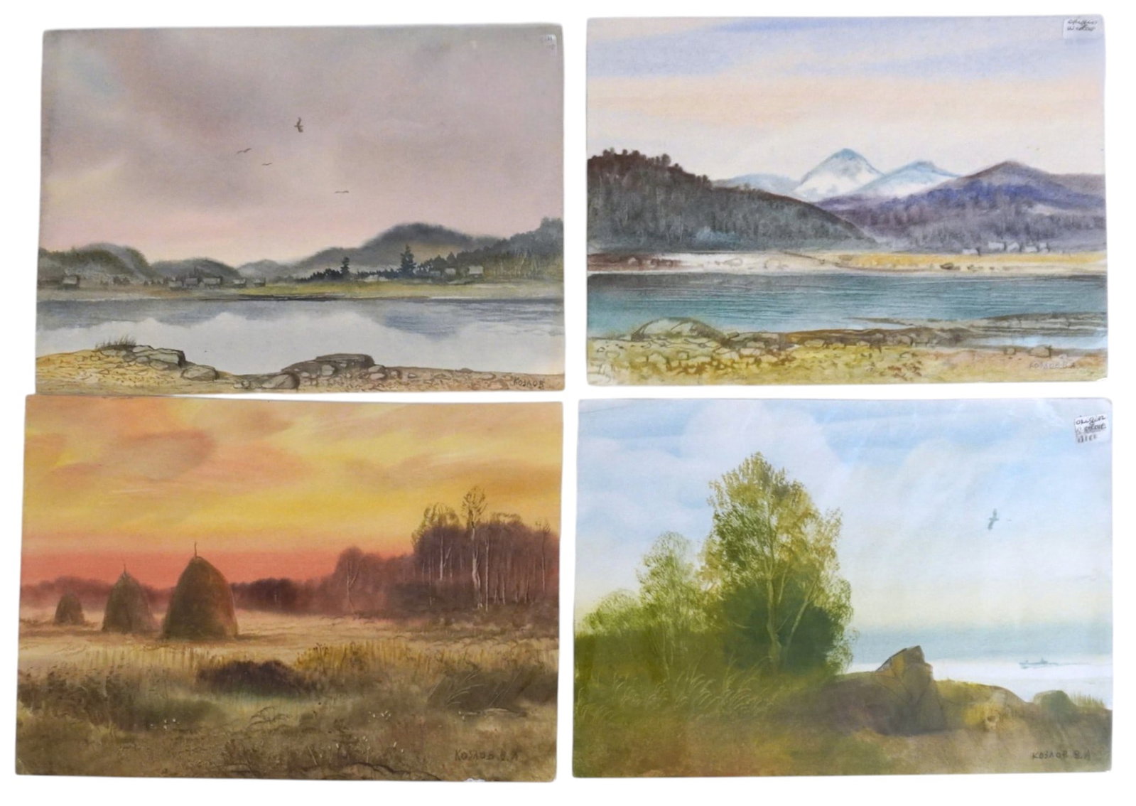 4 VINTAGE VALENTIN KOSLOV ORIGINAL WATERCOLORS: 4 Vintage Original Landscape Watercolors by Russian Artist Valentin Koslov. All approximately 12"x8 3/4". Weight on all 3.2 oz.**In house shipping available on this lot** If you win this lot, please s