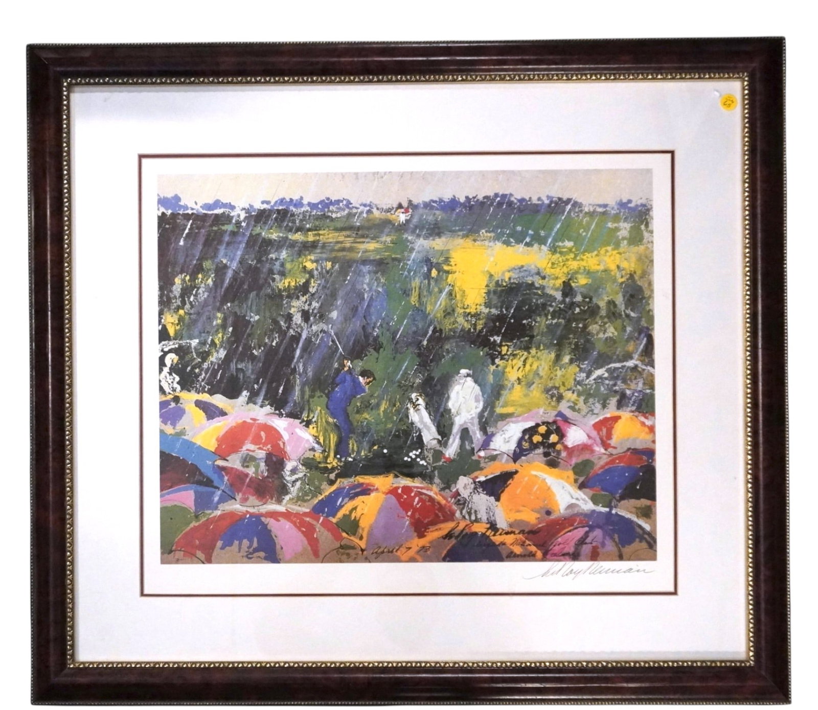 LEROY NEIMAN HAND SIGNED "ARNIE IN THE RAIN" LITHOGRAPH: Leroy Neiman (American, 1921-2012). "Arnie in the Rain" - 1973, offset lithograph on paper, ink signed to LR. With COA. Professionally Framed. In frame measures 31"x36"x1 1/4". Weight 15 lbs **In hous