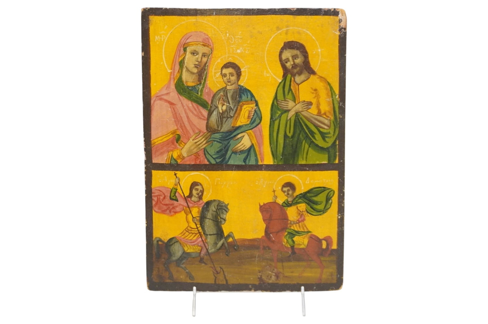 ANTIQUE ORTHODOX ICON HAND PAINTED HOLY FAMILY & SAINTS (1 of 5)