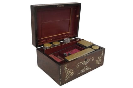 VICTORIAN INLAID TRAVELING VANITY BOX WITH JARS
