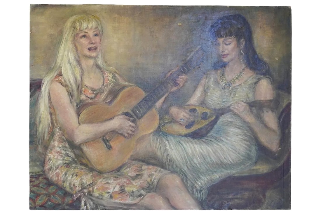 MID CENTURY 1960S OIL ON CANVAS TWO WOMEN MUSICIANS: Mid Century 1960s Oil on Canvas of two Women with guitar and mandolin. Signed lower right, signature illegible. Unframed. Measures 28"x22"x1". Weight 3 lbs **In house shipping available on this lot** 