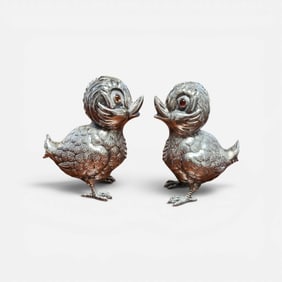 SPANISH SILVER SALT & PEPPER SHAKERS CHICKS 1940s