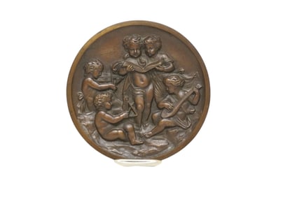 BRONZE BAS RELIEF PLAQUE PUTTI WITH INSTRUMENTS