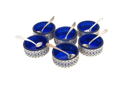6 STERLING & COBALT SALTS W STERLING SPOONS
