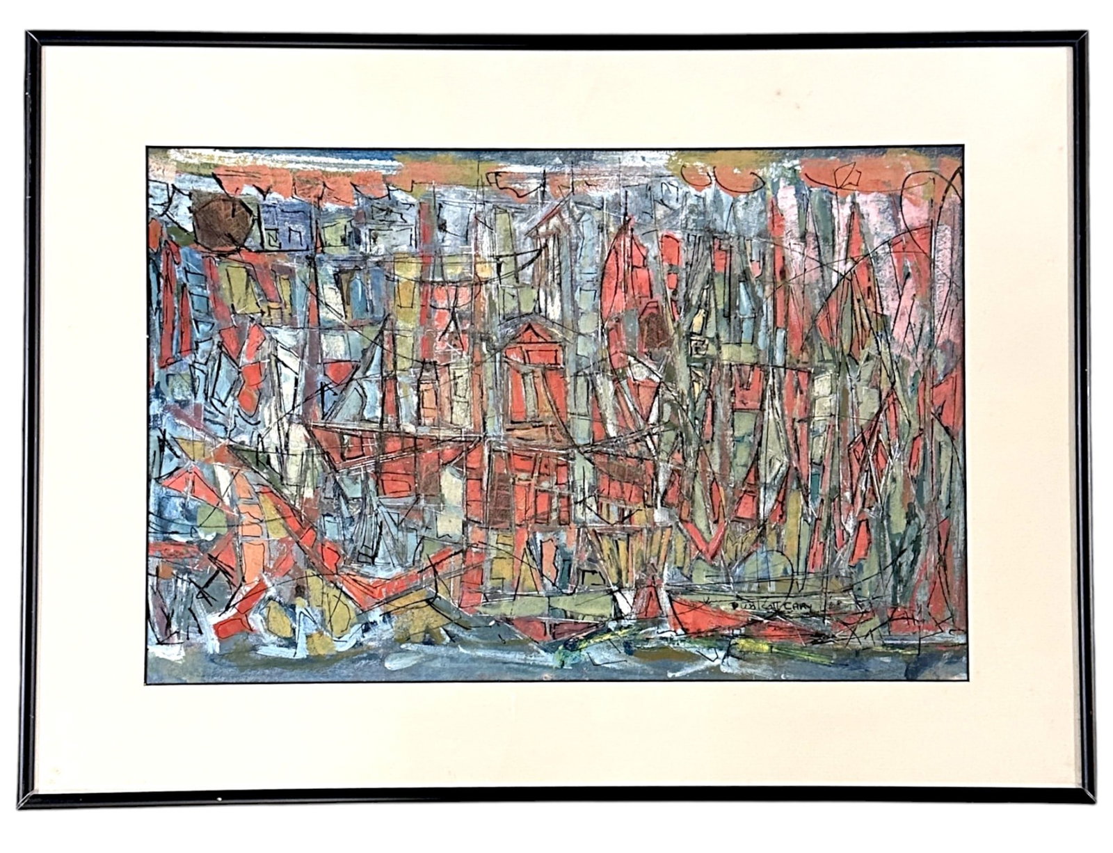 ORIGINAL BUD WOLCOTT CARY (1921-2001) CAPE COD DOCKS: Original Bud Wolcott Cary (1921-2001) Abstract Expressionist Casein and Ink on Paper "Docks at Cape Cod. Professionally framed. In frame measures 23"x16"x1". Weight 4 lbs **In house shipping available