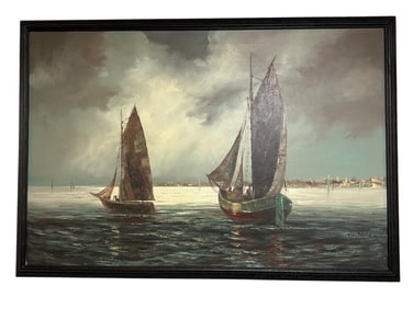 LARGE VINTAGE OIL ON CANVAS MARITIME