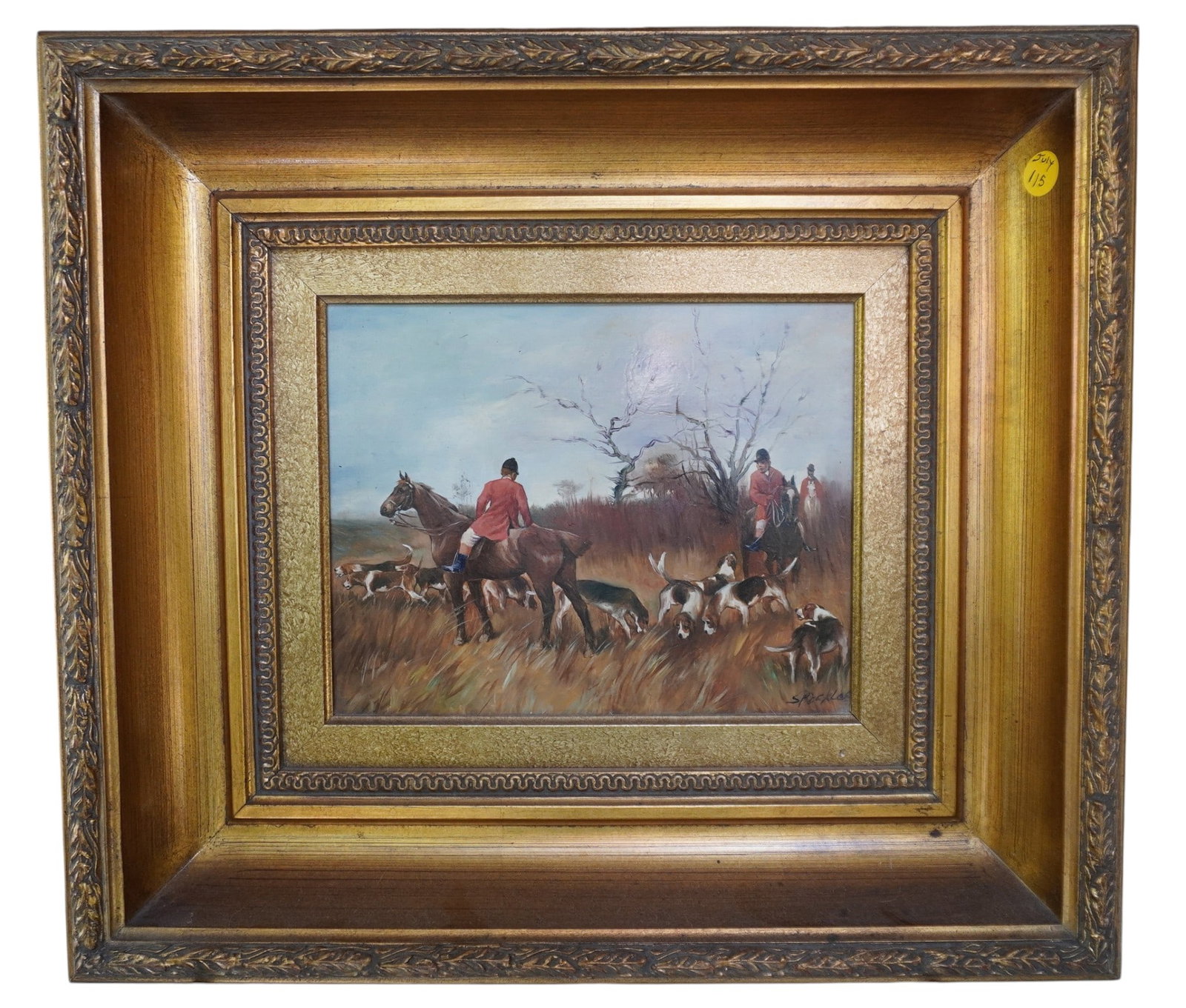 VINTAGE OIL ON BOARD HORSES AND HOUNDS FOX HUNT: Vintage Oil on Board Horses and Hounds Traditional Hunt Scene. Signed S. Pickles. In gilt wood frame. In Frame Measures 18"x16"x3" Weight 5 lbs. **In house shipping available on this lot** If you win 