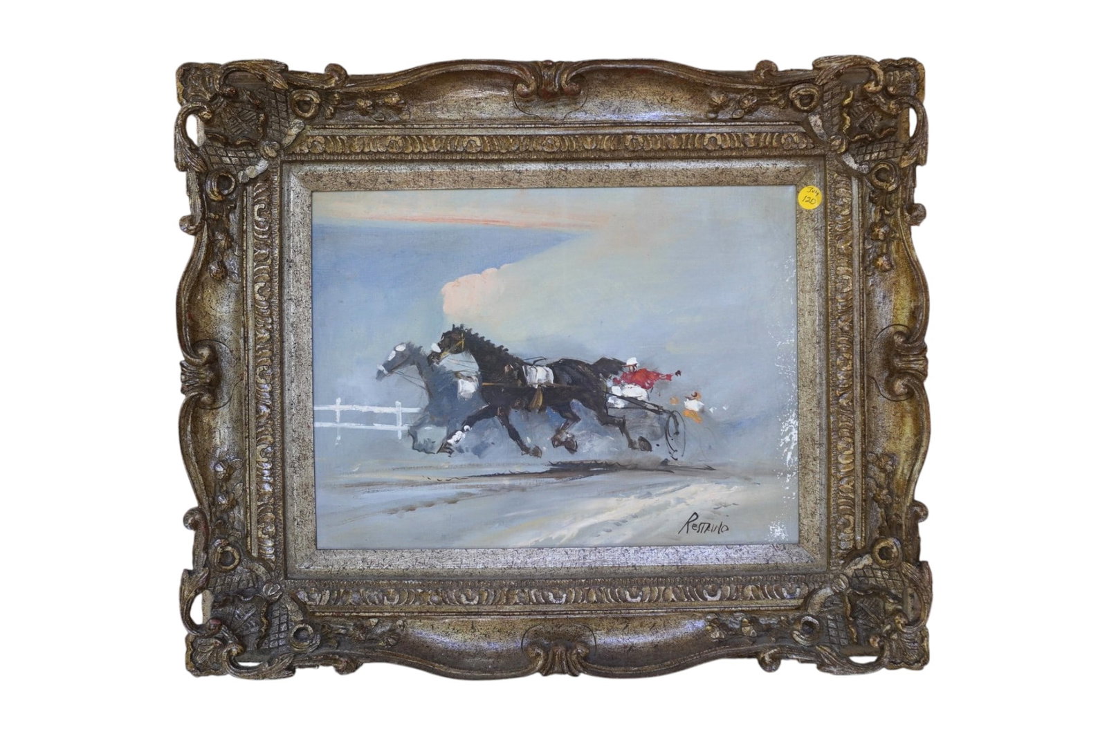 MARIO RESTAINO (Italian 20th c) HARNESS RACING OIL ON CANVAS: Vintage Original Oil on Canvas Harness Racing signed Restaino. (Mario Restaino: Italian, 20th century.) In ornate carved gilt frame. In frame measures 19"x23"x2". Weight 8 pds. **In house shipping ava