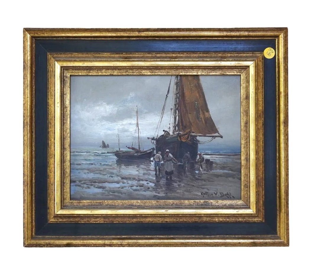 ARTHUR VIDAL DIEHL (1870-1929) MARITIME OIL ON CANVAS: Arthur Vidal Diehl (MA/ NY/England, 1870-1929), Dutch Fishing Boats, Oil on Canvas, signed lower right, depicting ships and figures on a sandy beach, in a giltwood frame. Measures 18"x14 1/2"x1 1/4". 