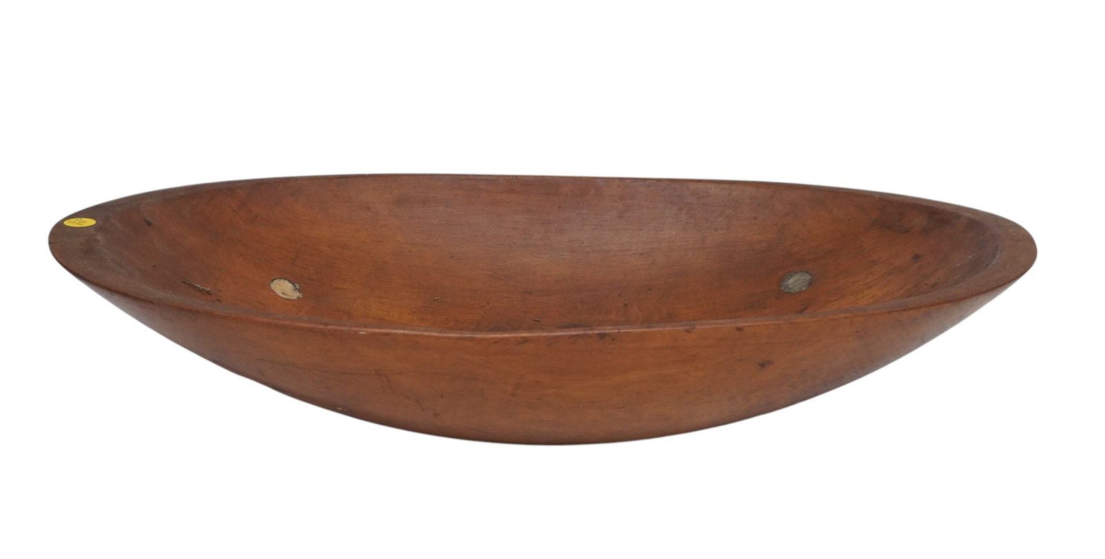 LARGE ANTIQUE AMERICAN DOUGH BOWL - VIRGINIA: Antique Large Primitive 1800's Virginia Hand Carved Dough / Biscuit Making Bowl. Age related split to bottom. Had been on stand, holes plugged. Measures 25 1/2"x13 1/2". Height 5". Weight 6 pds. PROVE