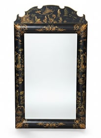 BLACK LACQUER AND GILT CHINOISERIE MONKEYS BEVELED MIRROR
