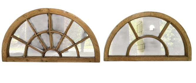 A PAIR OF LARGE ANTIQUE WINDOW TRANSOM ARCH MIRRORS