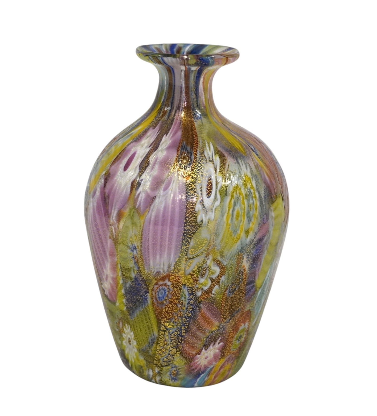 MURANO ART GLASS HAND BLOWN MILLEFIORI VASE: Vintage Vibrant Hand Blown Millefiori Murano Vase. Label on base. Measures 4"x4"x6". Weight 1 lb **In house shipping available on this lot** If you win this lot, please select self arranged for in hou