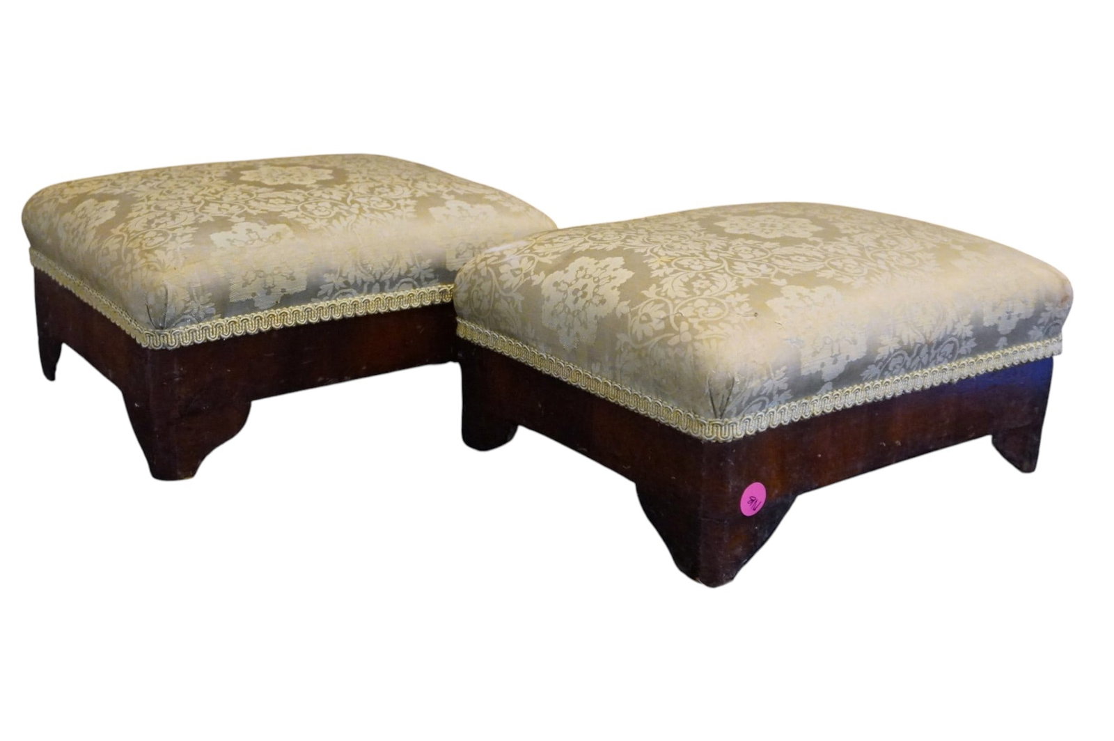 MATCHED PAIR OF ANTIQUE FOOTSTOOLS CREAM DAMASK UPHOLSTERY (1 of 6)