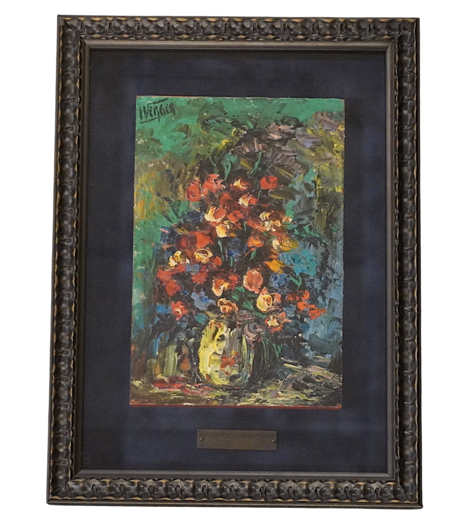 LUC VERGER MID CENTURY STILL LIFE OIL PAINTING: Luc Verger (d.1998) Modernist Still Life in floating frame. Luc Verger was a Dutch artist known for his work in painting, particularly in the 20th century. He is recognized for his oil-on-canvas