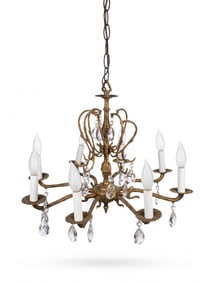 LOUIS XV STYLE BRASS 8 LIGHT GILT CAST BRASS & CRYSTAL CHANDELIER