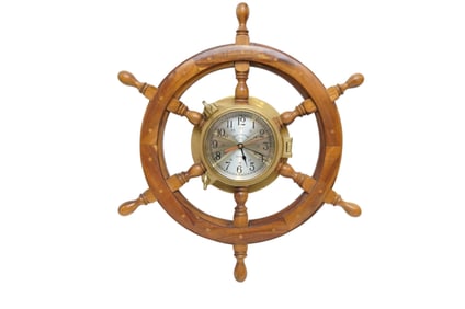 VINTAGE MARITIME BRASS PORTHOLE AND NAUTICAL SHIP'S WHEEL CLOCK