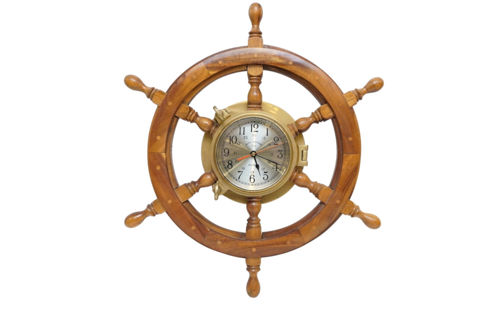 VINTAGE MARITIME BRASS PORTHOLE AND NAUTICAL SHIP'S WHEEL CLOCK (1 of 4)