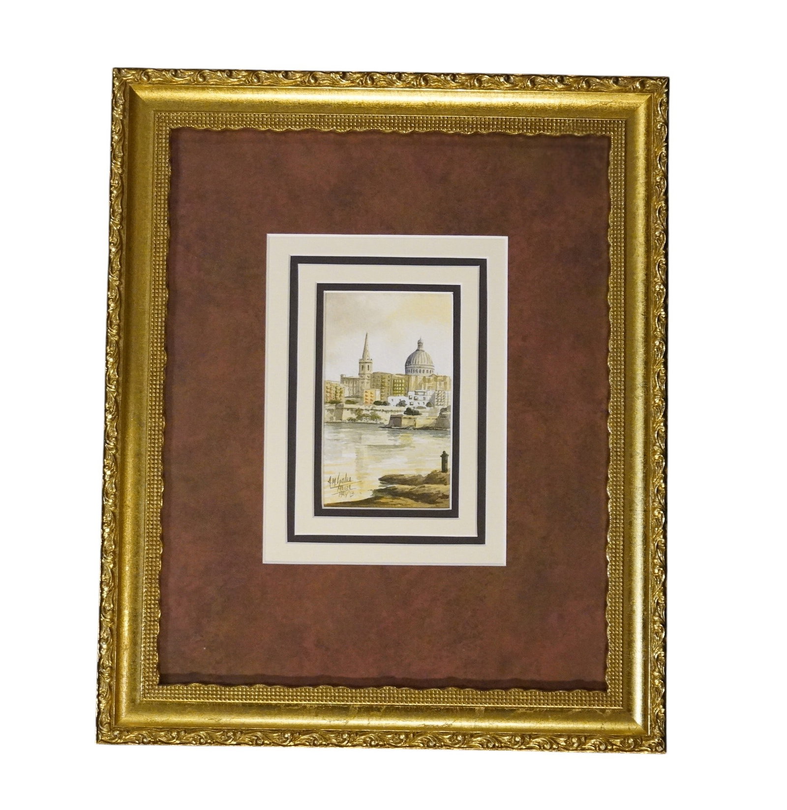 ORIGINAL WATERCOLOR HARBOR SCENE MALTA by ALDO M GALEA: Aldo M. Galea (b. 1953) Original Watercolor of a Harbor Scene in Malta. Signed and dated. Aldo M. Galea is a Maltese artist born in 1953, known primarily for his watercolour and ink works depicting