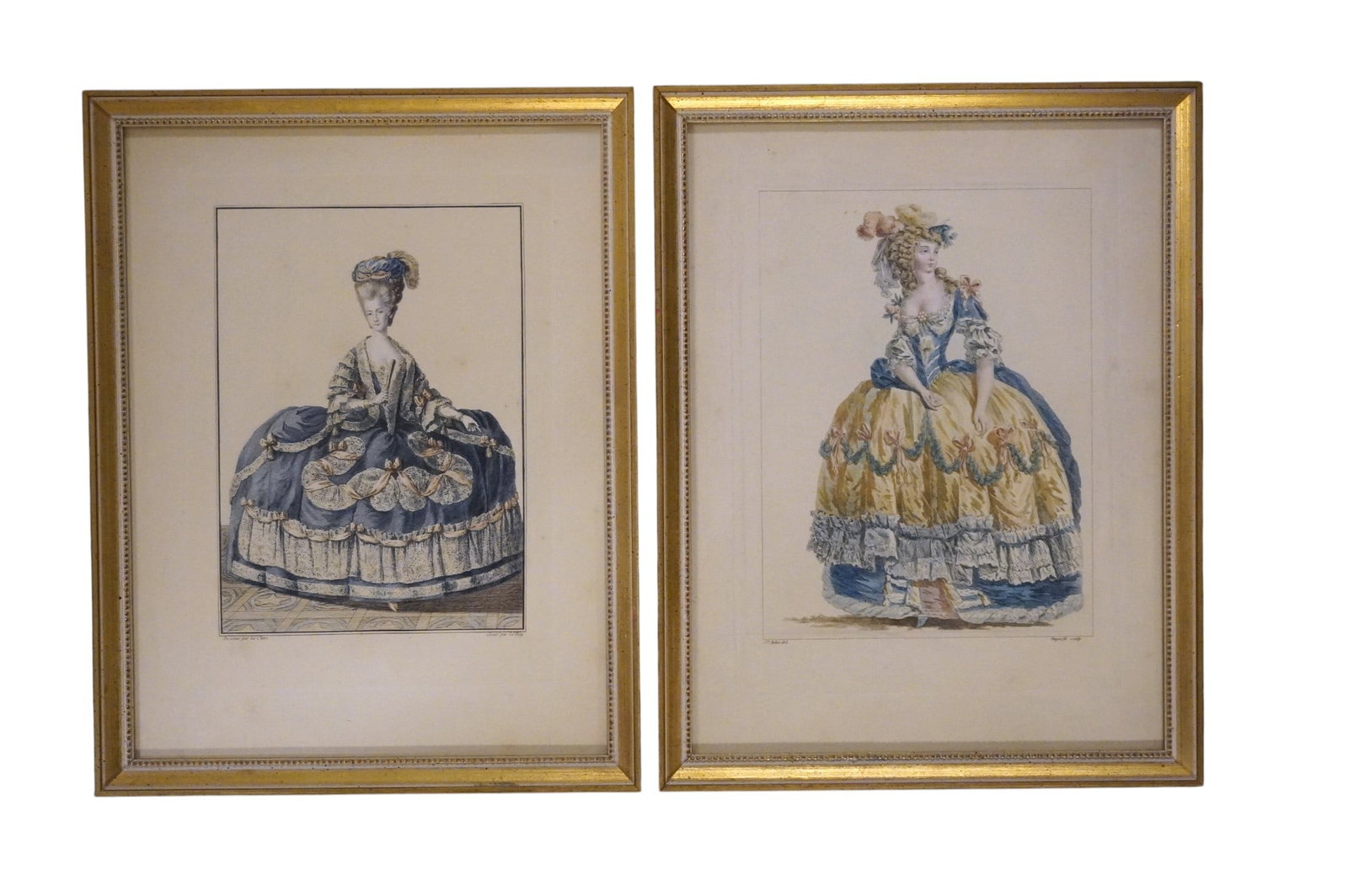PAIR OF ANTIQUE FRAMED FRENCH FASHION PRINTS (1 of 6)