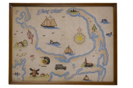 VINTAGE NEEDLEWORK MAP OF CAPE COD FOLK ART