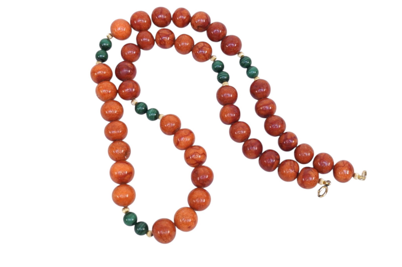 VINTAGE CORAL & MALACHITE NECKLACE: Vintage polished round bamboo coral and malachite beaded necklace. Gold filled clasp. Measures 27" opened, Weight 3.6 oz. **In house shipping available on this lot** If you win this lot, please select