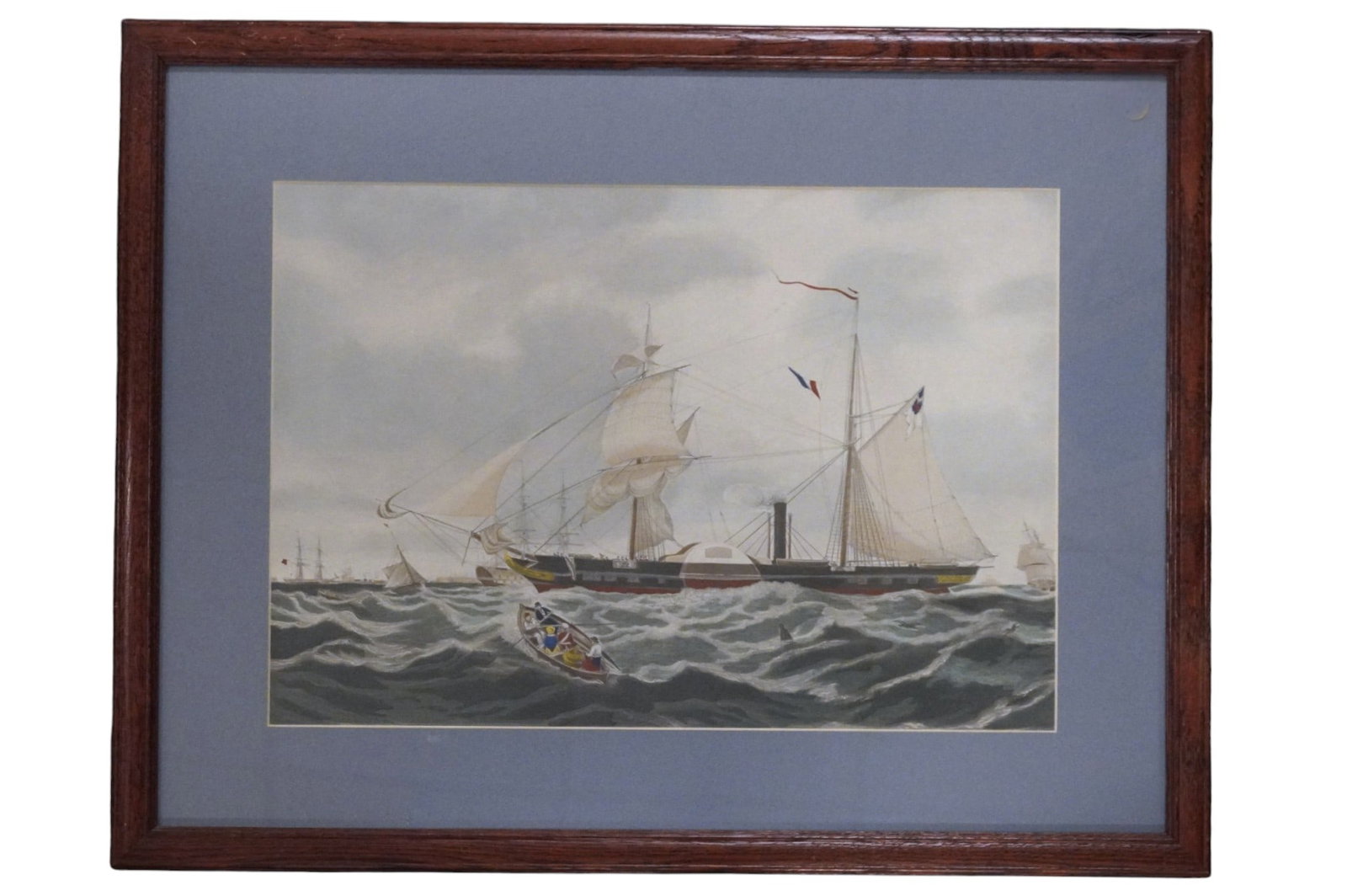 MARITIME ANTIQUE FRAMED HAND COLORED ENGRAVING: Antique Hand Colored Engraving titled "View of Her Majesty's Steam Frigate Cyclops" by Henry Papprill after William Adolphus Knell. Professionally framed. In frame measures 30"x24"x1", Weight 8 lbs **