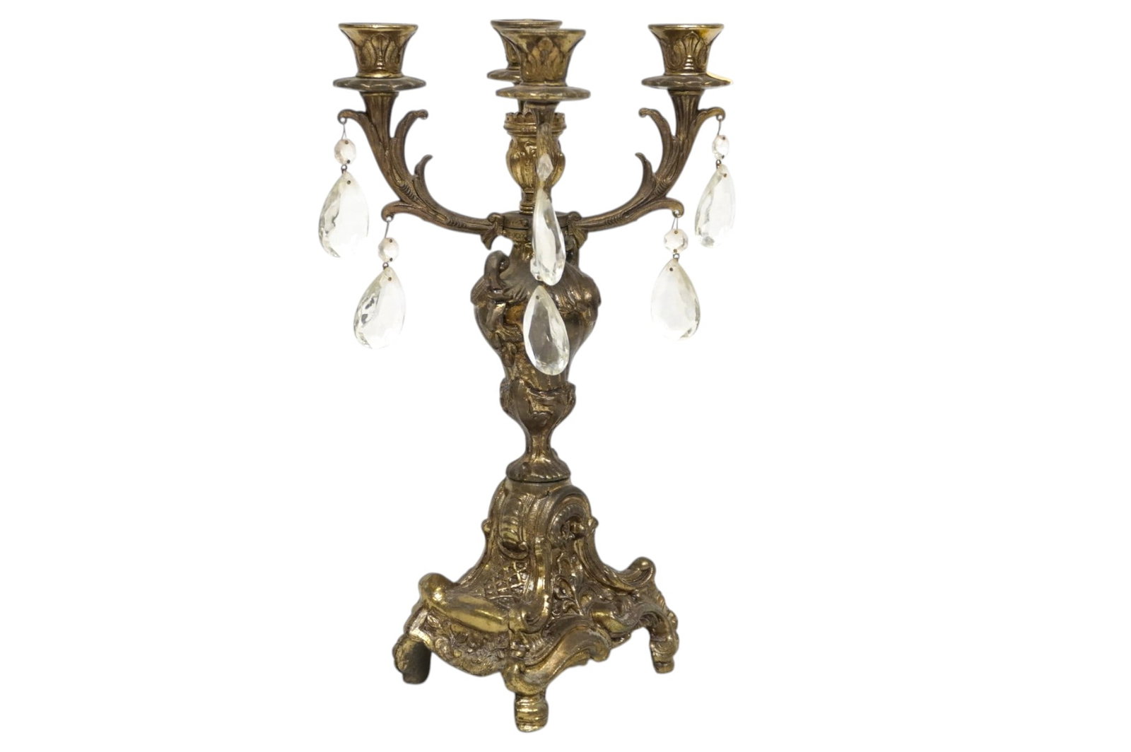 BAROQUE ROCOCO STYLE ORNATE BRASS & CRYSTAL 4 ARM CANDELABRA (1 of 5)