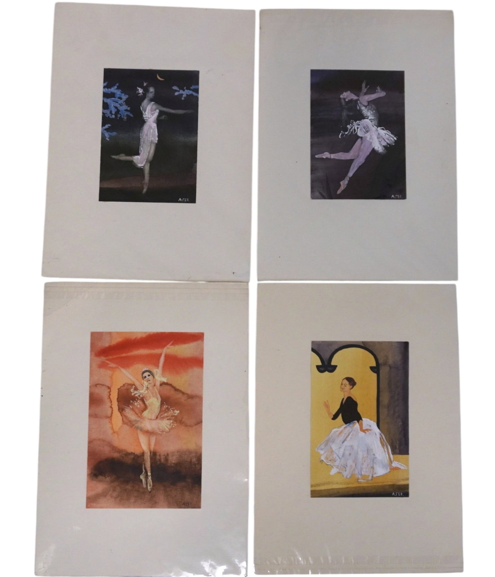4 ORIGINAL RUSSIAN WATERCOLOR BALLERINAS: 4 Vintage Original Russian Watercolor Ballerinas with blue backgrounds. Signed, a.FEP. . Each with mat measures 8"x11 3/4". Weight 3 oz. **In house shipping available on this lot** If you win this lot