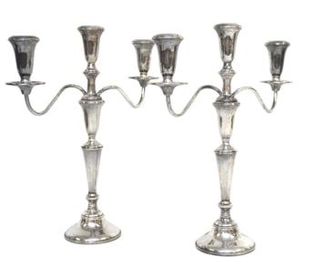 PAIR STERLING WEIGHTED 3 LIGHT CANDELABRAS