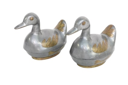 PAIR OF VINTAGE PEWTER AND BRASS DUCK TRINKET BOXES