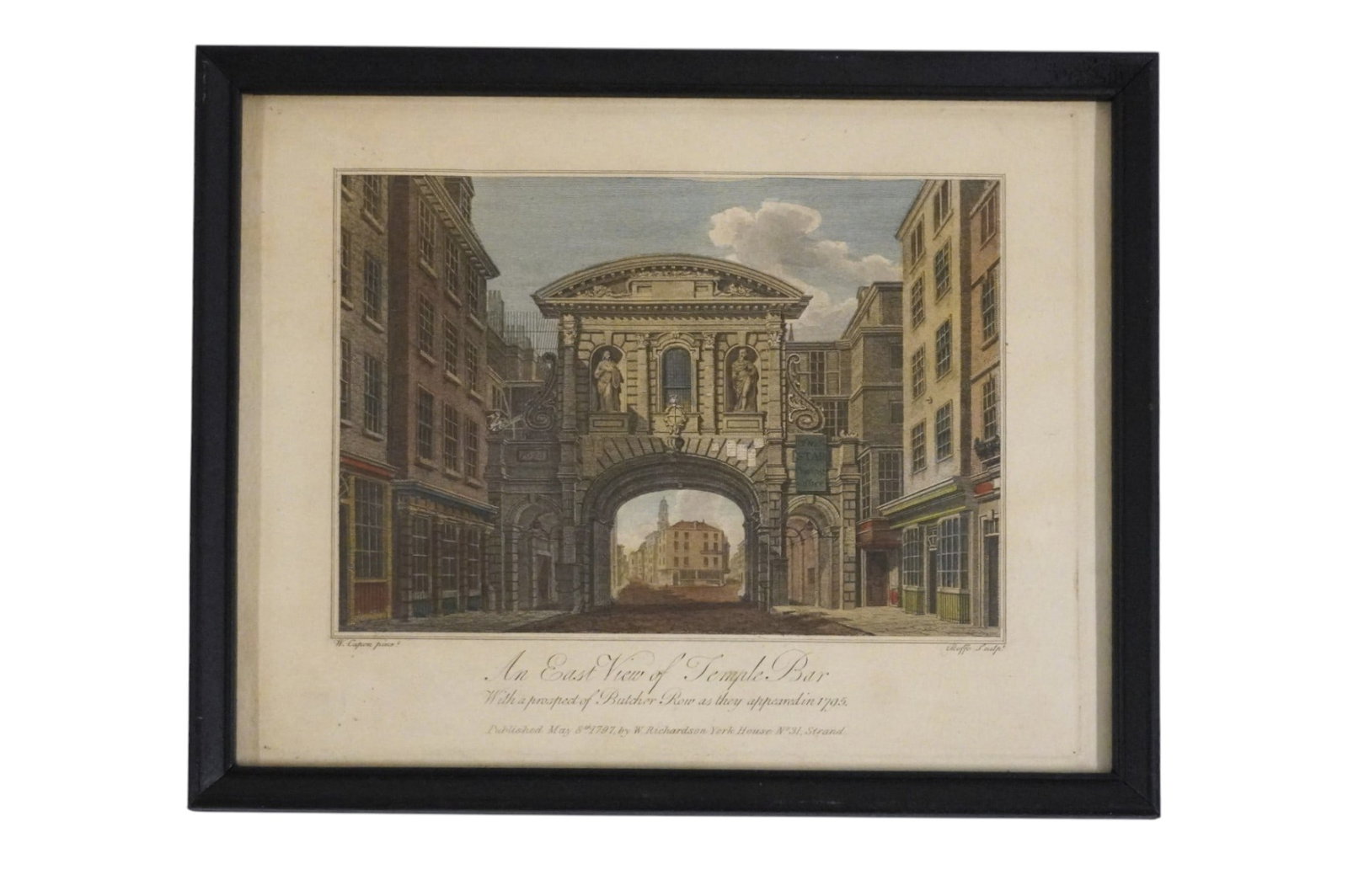 AN EAST VIEW OF TEMPLE BAR ENGRAVING HAND COLORED: Antique Hand Colored Engraving "An East View of Temple Bar" In Frame measures approx. 11" x 9" and weighs 12 oz. Provenance: A Washington DC Private Estate **In house shipping available on this lot** 