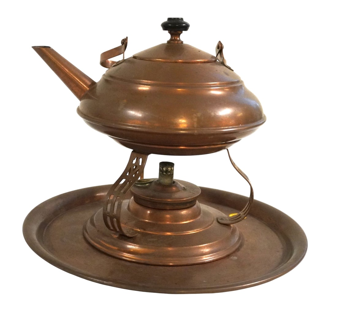 ANTIQUE MANNING BOWMAN COPPER TEA KETTLE WITH BURNER AND TRAY (1 of 3)