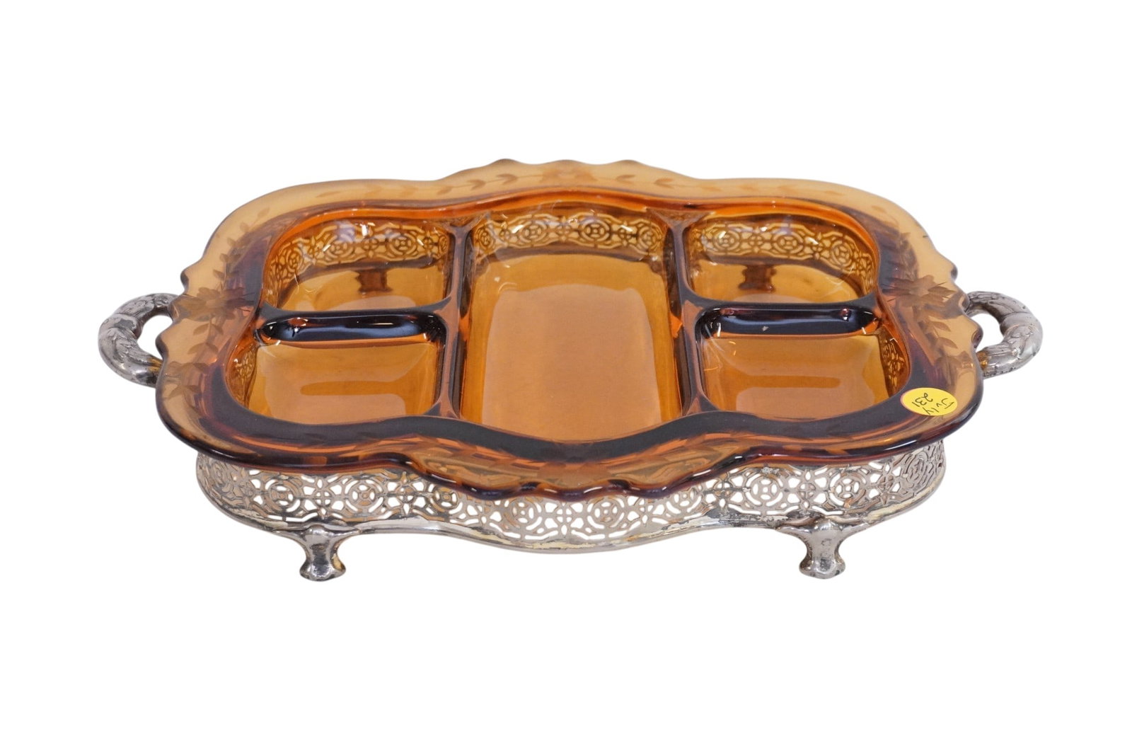 CAMBRIDGE 5 PART AMBER GLASS RELISH DISH (1 of 4)