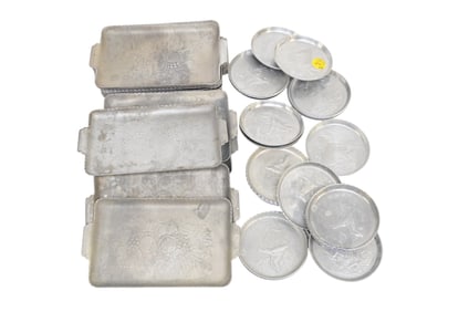LARGE GROUP MID CENTURY ALUMINUM SNACK TRAYS & COASTERS