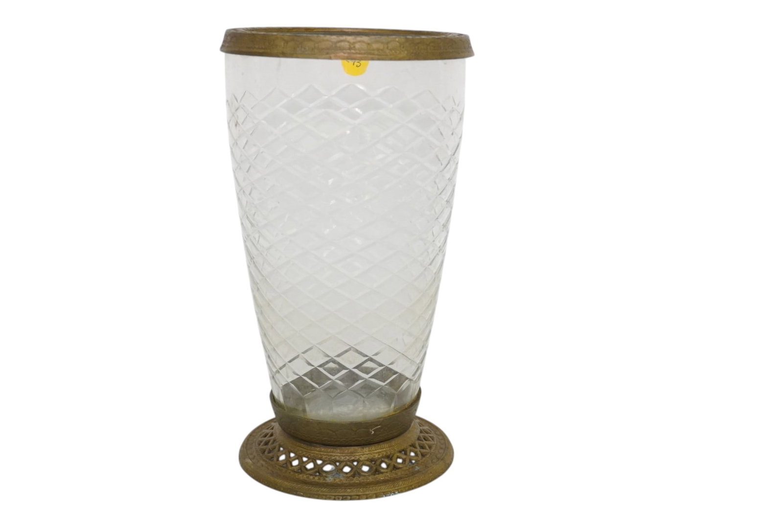 ANTIQUE BRASS AND CUT GLASS VASE: Antique Brass and Cut Glass Vase. Measures approx. 11" x 6" in dia. and weighs 2 lbs 12 oz. **In house shipping available on this lot** If you win this lot, please select self arranged for in house sh