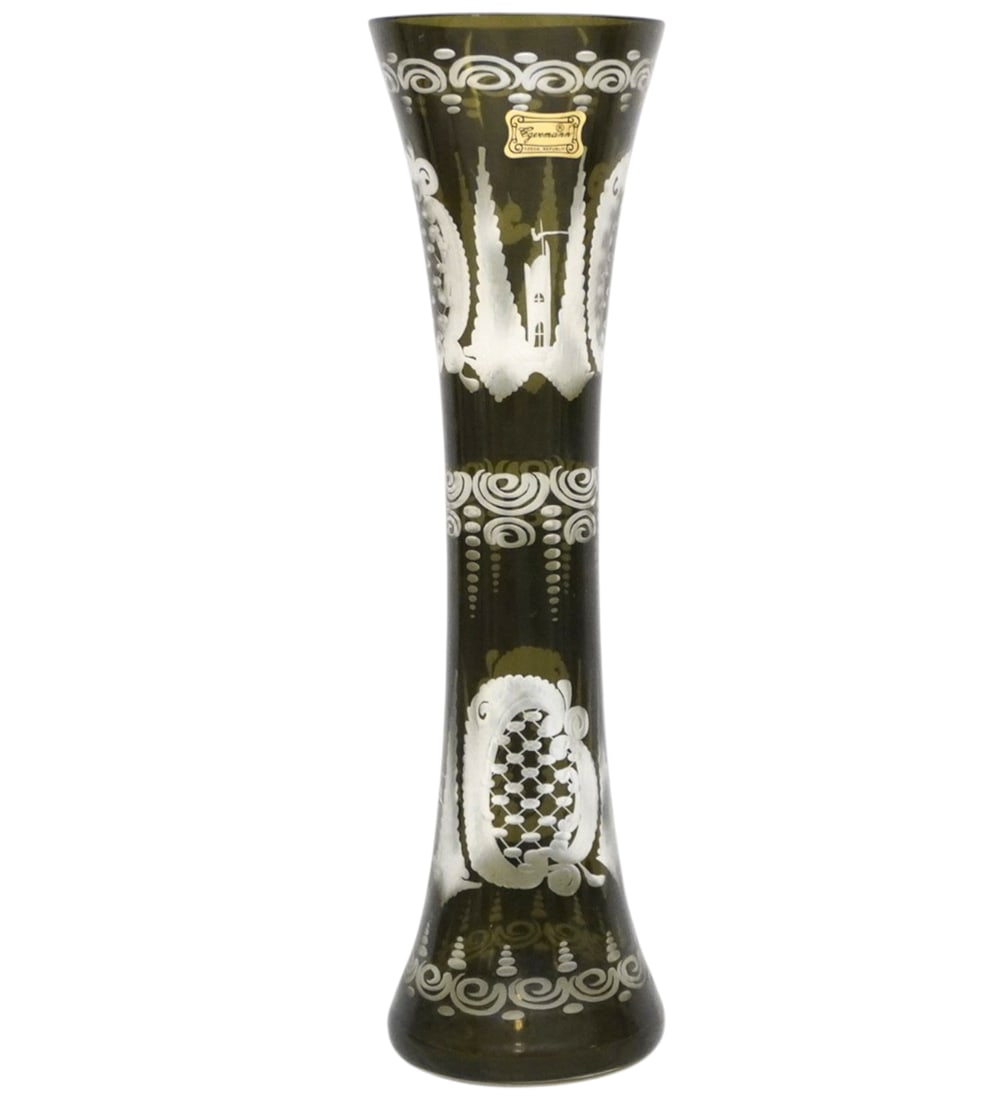 VINTAGE EGERMANN CZECH REPUBLIC BOHEMIAN OLIVE GREEN CUT TO CLEAR VASE: Vintage Egermann Czech Republic olive green cut to clear vase with original manufacture sticker. Measures approximately 11.5" and weighs 1 pound 4 oz. **In house shipping available on this lot** If yo